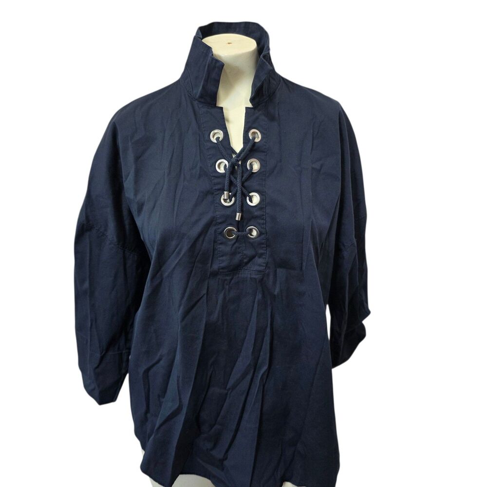 Chicos Lace Up Tunic Top Womens 2 Navy Blue Popover High Neck 3/4 Sleeve